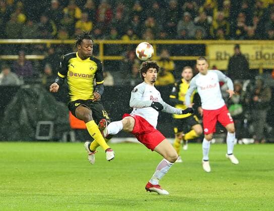 08 03 2018 Football UEFA Europa League 2017 2018 Round of 16 Borussia Dortmund RB Salzburg at Signal Iduna Park Dortmund v l Michy Batshuayi Dortmund against Andre Ramalho RB Salzburg