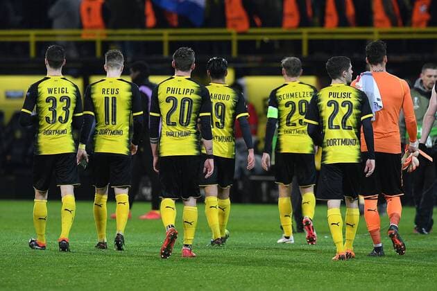 Soccer Europa League Round of 16 Borussia Dortmund FC Salzburg on 08 03 2018 at the Signal Iduna Park in Dortmund Dortmund players leave the field disappointed Julian Weigl Dortmund Marco Reus Dortmund Maximilian Philipp Dortmund Mahmoud Dahoud Dortmund Marcel Schmelzer Dortmund Christian Pulisic Dortmund Roman Bürki Dortmund xRx