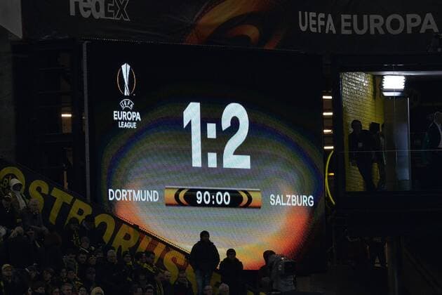 Soccer Europa League Round of 16 Borussia Dortmund FC Salzburg on 08 03 2018 at Signal Iduna Park in Dortmund The scoreboard shows the final score xTTx