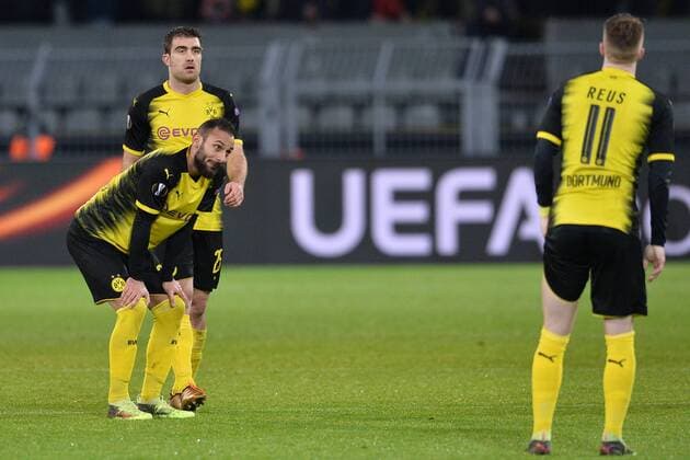 Soccer Europa League Round of 16 Borussia Dortmund FC Salzburg on 08 03 2018 at Signal Iduna Park in Dortmund Ömer Toprak Dortmund front Sokratis Papastathopoulos Dortmund behind Marco Reus Dortmund right xTTx