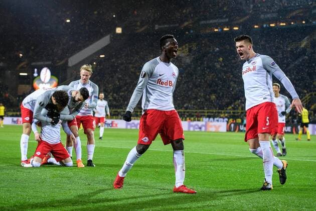 Amadou Haidara FC Salzburg 4 and Duje Caleta Car FC Salzburg 5 in goal celebrations after the goal for 2 0 in the Europa League Round of 16 between Borussia Dortmund and FC Salzburg on 08 03 2018 Dortmund Copyright: xSchuelerx xEibnerx-xPressefotox EP_JSE