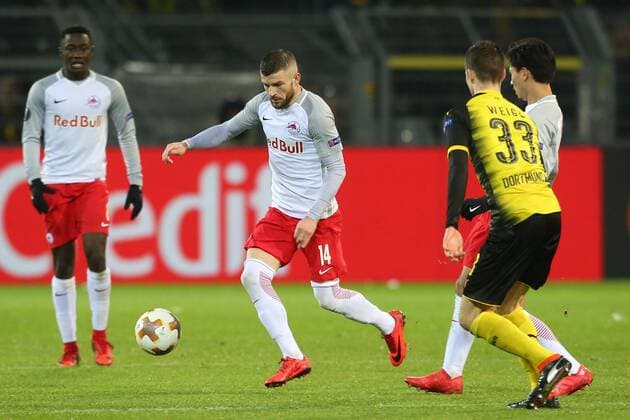 SOCCER - EL, Dortmund vs RBS DORTMUND,GERMANY,08.MAR.18 - SOCCER - UEFA Europa League, last sixteen, Borussia Dortmund vs Red Bull Salzburg. Image shows Valon Berisha (RBS). GEPAxpictures xMathiasxMandl