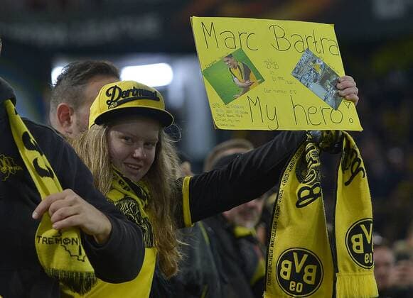 Dortmund Germany 08 03 2018 UEFA Europa League 2017 18 Season Round of 16 Borussia Dortmund Red Bull Salzburg Fan with Bartra Poster DeFodi521