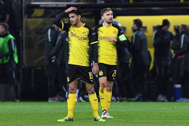 Football Europa League Round of 16 Borussia Dortmund FC Salzburg on 08 03 2018 at the Signal Iduna Park in Dortmund Mahmoud Dahoud Dortmund left Marcel Schmelzer Dortmund disappointed right xRx