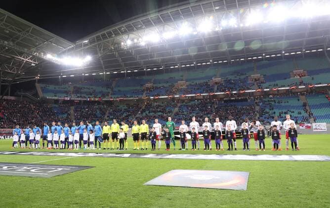 RB Leipzig St Petersburg Soccer Euro League Leipzig 08 03 2018 Red Bull Arena Soccer UEFA Euro League Round of 16 First leg RB Leipzig vs Zenit St Petersburg Pictured here Welcome to the teams