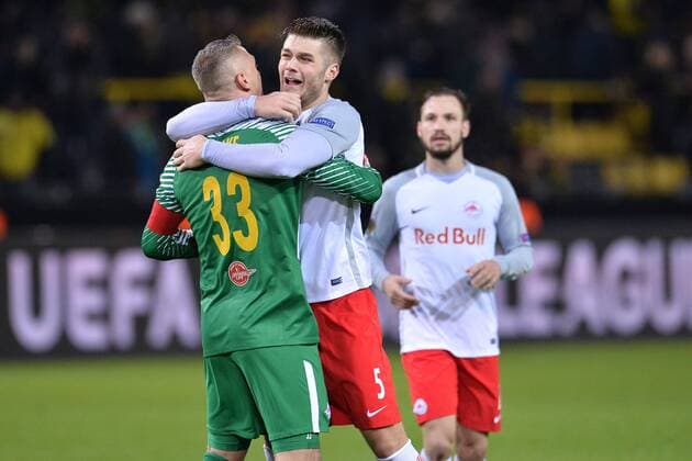 Soccer Europa League Round of 16 Borussia Dortmund FC Salzburg on 08 03 2018 at Signal Iduna Park Dortmund Alexander Walke Salzburg left Duje Caleta Car Salzburg right xTTx