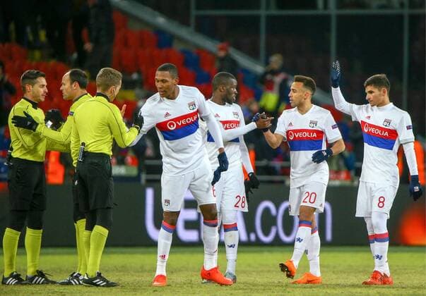 MOSCOW, RUSSIA â€“ MARCH 8, 2018: Lyon s players celebrate winning the first leg of their 2017 18 UEFA Europa League Round of 16 football match against FC CSKA Moscow at VEB Arena Stadium. Lyon won the game 1-0. Mikhail Tereshchenko TASS  TS077136