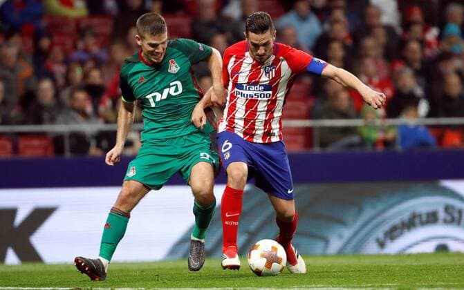 Atletico Madrid s Koke (R) vies for the ball with Lokomotiv s Igor Denisov during the UEFA Europa League round of 16 first leg match bewteeen Atletico Madrid and Lokomotiv at the Wanda Metropolitano stadium in Madrid, Spain, 08 March 2018. Atletico Madrid vs. Lokomotiv !ACHTUNG: NUR REDAKTIONELLE NUTZUNG!  Copyright: xJuanJoxMartinx MAD021 20180308-636561411736668039