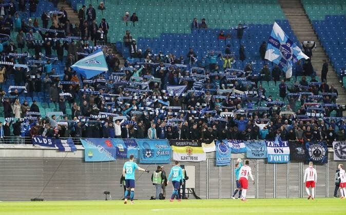 RB Leipzig St Petersburg Soccer Euro League Leipzig 08 03 2018 Red Bull Arena Soccer UEFA Euro League Round of 16 First leg RB Leipzig vs FK Zenit St Petersburg The image Fans of Zenit St Petersburg