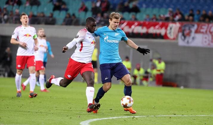 RB Leipzig St Petersburg Soccer Euro League Leipzig 08 03 2018 Red Bull Arena Soccer UEFA Euro League Round of 16 First leg RB Leipzig vs Zenit St Petersburg Pictured from left Dayot Upamecano 5 RB Leipzig and AleksandrÊKokorin 9 Zenit
