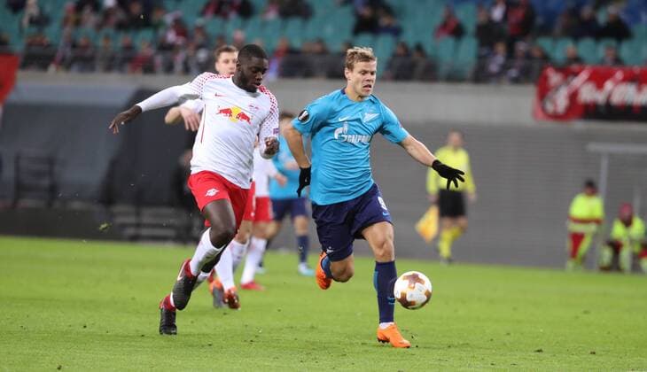 RB Leipzig St Petersburg Soccer Euro League Leipzig 08 03 2018 Red Bull Arena Soccer UEFA Euro League Round of 16 First leg RB Leipzig vs Zenit St Petersburg Pictured from left Dayot Upamecano 5 RB Leipzig and AleksandrÊKokorin 9 Zenit