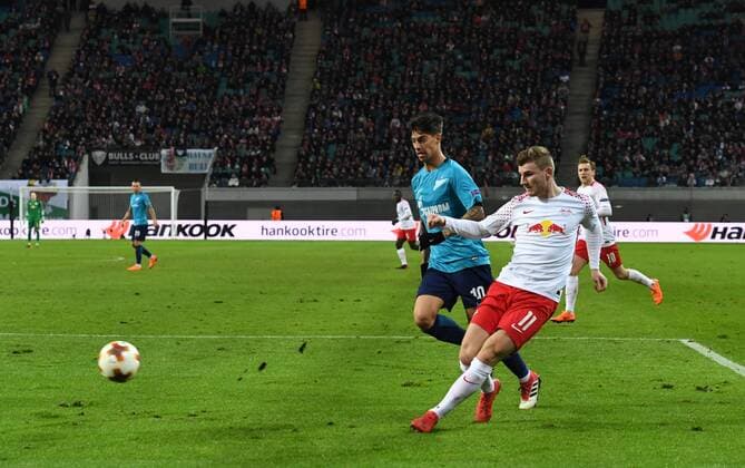 Soccer Men Season 2017 2018 Europa League Eighth Final First leg RB Leipzig Zenit St Petersburg v l Emiliano Rigoni 10 Zenit St Petersburg Timo Werner RB Leipzig 08 03 2018 Copyright: xMatthiasxKochx