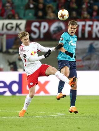 RB Leipzig St Petersburg Soccer Euro League Leipzig 08 03 2018 Red Bull Arena Soccer UEFA Euro League Round of 16 First leg RB Leipzig vs. FK Zenit St Petersburg Picture v 1 Emil Forsberg 10 RB Leipzig and AleksandrÊKokorin 9 Zenit