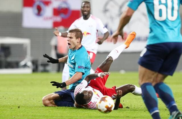 RB Leipzig St Petersburg Soccer Euro League Leipzig 08 03 2018 Red Bull Arena Soccer UEFA Euro League Round of 16 First leg RB Leipzig vs FK Zenit St Petersburg Pictured v l AleksandrÊKokorin 9 Zenit and Bruma 17 RB Leipzig