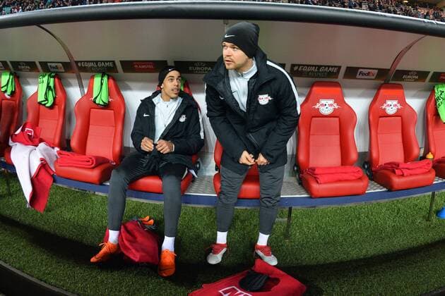 Yussuf Poulsen RB Leipzig left and Dominik Kaiser RB Leipzig re on the bench RB Leipzig vs Zenit St Petersburg Football UEFA Europa League 08 03 2018 Leipzig Copyright: xEIBNER BertxHarzerx EP_BHR