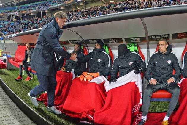 Ralph Hasenhuettl Coach RB Leipzig welcomes players to the exchange bench RB Leipzig vs Zenit St Petersburg Football UEFA Europa League 08 03 2018 Leipzig Copyright: xEIBNER BertxHarzerx EP_BHR