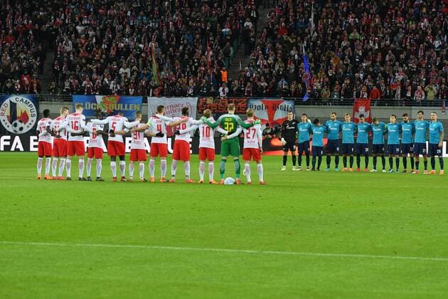 Minute of silence before kick-off RB Leipzig vs Zenit St Petersburg Football UEFA Europa League 08 03 2018 Leipzig Copyright: xEIBNER BertxHarzerx EP_BHR