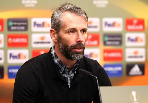 Thursday 08 03 2018 Season 2017 2018 Euro League Round of 16 First leg in Dortmund Signal Iduna Park BVB 09 Borussia Dortmund FC Salzburg Coach Marco Rose FCS at the subsequent press conference