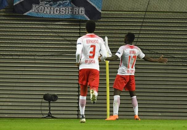 Soccer Mens Season 2017 2018 Europa League Round of 16 First leg RB Leipzig Zenit St Petersburg v Bernardo RB Leipzig Bruma RB Leipzig Cheers for goal to 1 0 08 03 2018 Copyright: xMatthiasxKochx
