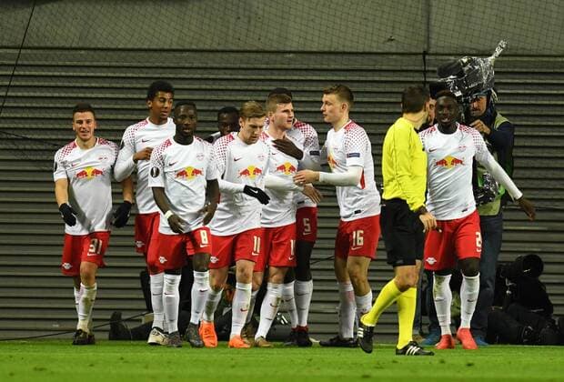 Football Mens Season 2017 2018 Europa League Round of 16 First leg RB Leipzig Zenit St Petersburg Leipzig cheering for goal to 1 0 08 03 2018 Copyright: xMatthiasxKochx