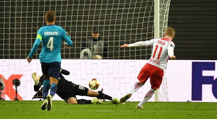 Soccer Mens Season 2017 2018 Europa League Round of 16 First leg RB Leipzig Zenit St Petersburg v 1 Domenico Criscito 4 Zenit St Petersburg Goalkeeper Andrei Lunev 99 Zenit St Petersburg Timo Werner RB Leipzig misses out on the chance to win 2 0 08 03 2018 Copyright: xMatthiasxKochx