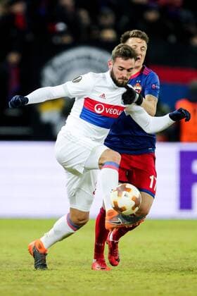 MOSCOW, RUSSIA â€“ MARCH 8, 2018: Lyon s Lucas Tousart (L) and CSKA Moscow s Alexander Golovin fight for the ball in their 2017 18 UEFA Europa League Round of 16 football match at VEB Arena Stadium. Lyon won the game 1-0. Sergei Bobylev TASS  TS077141