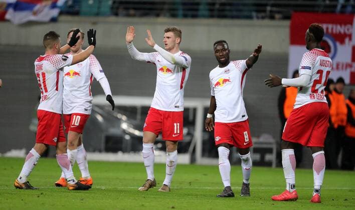 RB Leipzig St Petersburg Soccer Euro League Leipzig 08 03 2018 Red Bull Arena Soccer UEFA Euro League Round of 16 first leg RB Leipzig vs Zenit St Petersburg The goal for RB Leipzig is played by Timo Werner 11 RB Leipzig scored the goal for 2 0 against goalkeeper AndreiÊLunev 99 Zenit and rejoices