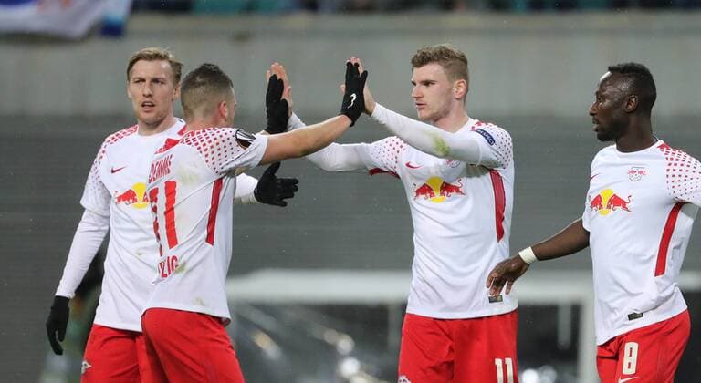 RB Leipzig St Petersburg Soccer Euro League Leipzig 08 03 2018 Red Bull Arena Soccer UEFA Euro League Round of 16 first leg RB Leipzig vs Zenit St Petersburg The goal for RB Leipzig is played by Timo Werner 11 RB Leipzig scored the goal for 2 0 against goalkeeper AndreiÊLunev 99 Zenit and rejoices with Diego Demme 31 RB Leipzig