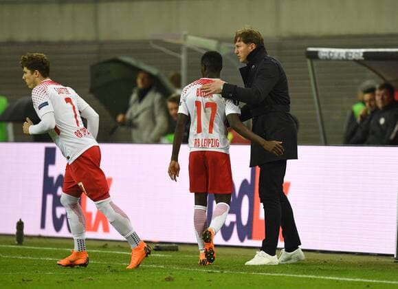Soccer Mens Season 2017 2018 Europa League Eighth Final First leg RB Leipzig Zenit St Petersburg v l Marcel Sabitzer RB Leipzig Bruma RB Leipzig Coach Ralph Hasenhuttl RB Leipzig 08 03 2018 Copyright: xMatthiasxKochx