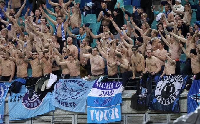 RB Leipzig St Petersburg Soccer Euro League Leipzig 08 03 2018 Red Bull Arena Soccer UEFA Euro League Round of 16 First leg RB Leipzig vs Zenit St Petersburg The image Fans of Saint Petersburg are shirtless
