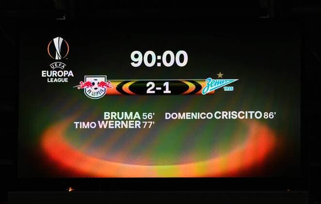 Soccer Mens Season 2017 2018 Europa League Round of 16 First leg RB Leipzig Zenit St Petersburg scoreboard with 2 1 final 08 03 2018 Copyright: xMatthiasxKochx