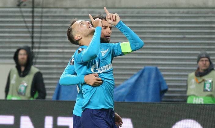 RB Leipzig St Petersburg Soccer Euro League Leipzig 08 03 2018 Red Bull Arena Soccer UEFA Euro League Round of 16 First leg RB Leipzig vs. FK Zenit St Petersburg 2 1 0 0 Zenit goal celebrations after the 2 1 goalscoring In the picture goalscorer DomenicoÊCriscito in front and EmanuelÊMammana both Zenit