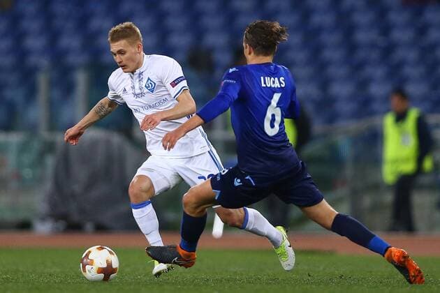 March 8, 2018 - Rome, Italy - SS Lazio v FC Dynamo Kyiv - UEFA Europa League Round of 16 - 1st leg.Vitaly Buyalskiy of Dynamo Kyiv and Lucas Leiva of Lazio at Olimpico Stadium in Rome, Italy on March 8, 2018..Photo NurPhoto Lazio v Dynamo Kiev - UEFA Europa League Round of 16: First Leg  - ZUMAn230 20180308_zaa_n230_801 Copyright: xMatteoxCiambellix