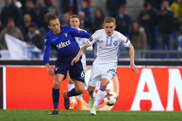 March 8, 2018 - Rome, Italy - SS Lazio v FC Dynamo Kyiv - UEFA Europa League Round of 16 - 1st leg.Lucas Leiva of Lazio and Vitaly Buyalskiy of Dynamo Kyiv at Olimpico Stadium in Rome, Italy on March 8, 2018. Lazio v Dynamo Kiev - UEFA Europa League Round of 16: First Leg  - ZUMAn230 20180308_zaa_n230_896 Copyright: xMatteoxCiambellix
