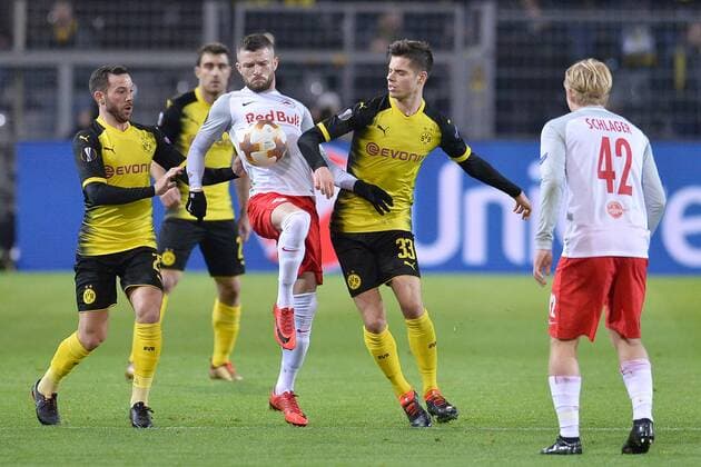 Soccer Europa League Round of 16 Borussia Dortmund FC Salzburg on 08 03 2018 at Signal Iduna Park in Dortmund Gonzalo Castro Dortmund left Valon Berisha Salzburg center Julian Weigl Dortmund right xTTx