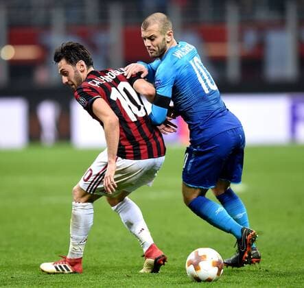 (180309) -- MILAN, March 9, 2018 -- AC Milan s Hakan Calhanoglu (L) competes with Arsenal s Jack Wilshere during a Europa League round of 16 first leg soccer match between AC Milan and Arsenal at the San Siro stadium in Milan, Italy, March 8, 2018. Arsenal won 2-0. ) (SP)ITALY-MILAN-EUROPA LEAGUE-AC MILAN VS ARSENAL AlbertoxLingria 