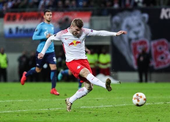 (180309) -- LEIPZIG, March 9, 2018 -- Leipzig s Timo Werner shoots during a Europa League round of 16 first-leg soccer match between RB Leipzig of Germany and Zenit St. Petersburg of Russia, in Leipzig, Germany, on March 8, 2018. Leipzig won 2-1. ) (SP)GERMANY-LEIPZIG-SOCCER-UEFA EUROPA LEAGUE-LEIPZIG VS ZENIT ShanxYuqi 