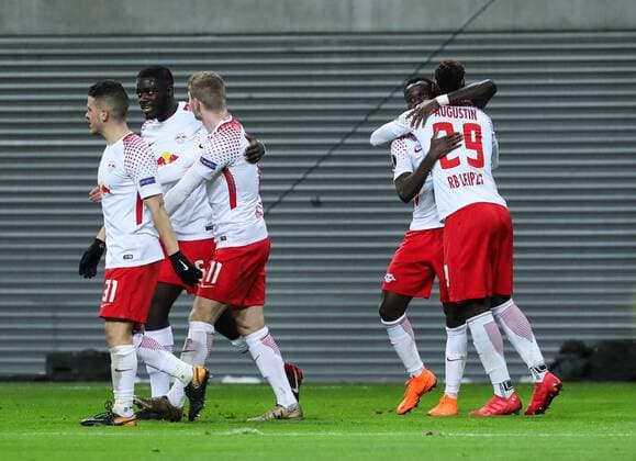 (180309) -- LEIPZIG, March 9, 2018 -- Leipzig s players celebrate scoring during a Europa League round of 16 first-leg soccer match between RB Leipzig of Germany and Zenit St. Petersburg of Russia, in Leipzig, Germany, on March 8, 2018. Leipzig won 2-1. ) (SP)GERMANY-LEIPZIG-SOCCER-UEFA EUROPA LEAGUE-LEIPZIG VS ZENIT ShanxYuqi 