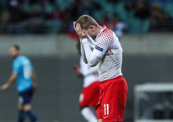 (180309) -- LEIPZIG, March 9, 2018 -- Leipzig s Timo Werner reacts after missing a scoring chance during a Europa League round of 16 first-leg soccer match between RB Leipzig of Germany and Zenit St. Petersburg of Russia, in Leipzig, Germany, on March 8, 2018. Leipzig won 2-1. ) (SP)GERMANY-LEIPZIG-SOCCER-UEFA EUROPA LEAGUE-LEIPZIG VS ZENIT ShanxYuqi 