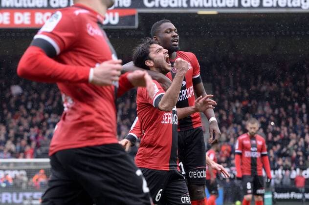 06 Clement GRENIER (gui) - 21 Marcus THURAM (gui) - JOIE FOOTBALL : Guingamp vs Nice - Ligue 1 Conforama - 11 03 2018 FEP Panoramic 