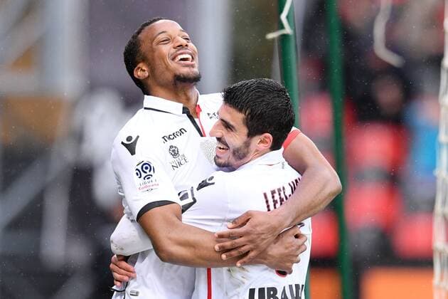 14 Alassane PLEA (nice) - 08 Pierre LEES MELOU (nice) - JOIE FOOTBALL : Guingamp vs Nice - Ligue 1 Conforama - 11 03 2018 FEP Panoramic 