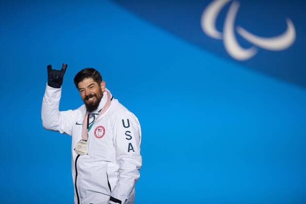 March 12, 2018 - Pyeongchang, South Korea - Silver medalist Keith Gabel of the US celebrates during a medal ceremony for Men s Snowboard Cross Monday, March 12, 2018 at the Medals Plaza for the 2018 Pyeongchang Winter Paralympic Games. Paralympics PyeongChang 18: Snowboard - ZUMAr157 20180312_zap_r157_032 Copyright: xMarkxReisx