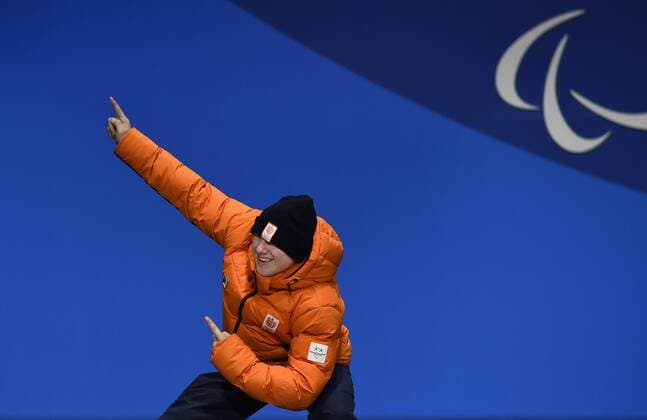 12-3-2018 SNOWBOARDEN: PARALYMPISCHE SPELEN: PARALYMPIC GAMES: PYEONGCHANG 2018 Snowboard Cross. Chris Vos wint zilver. Foto: Mathilde Dusol. xVIxVIxImagesx xSoenarxChamidxsportfotografiexIVx 10326963