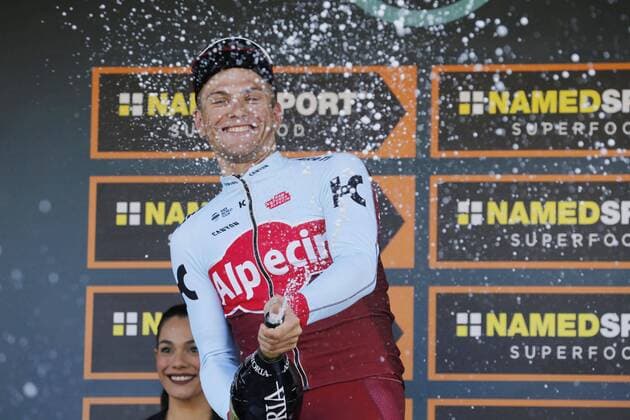German Marcel Kittel of Katusha-Alpecin celebrates on the podium with champagne after winning the sixth stage of the 53rd edition of the Tirreno-Adriatico cycling race, 153 km from Numana to Fano, Monday 12 March 2018, Italy. YUZURUxSUNADA  x05311786x