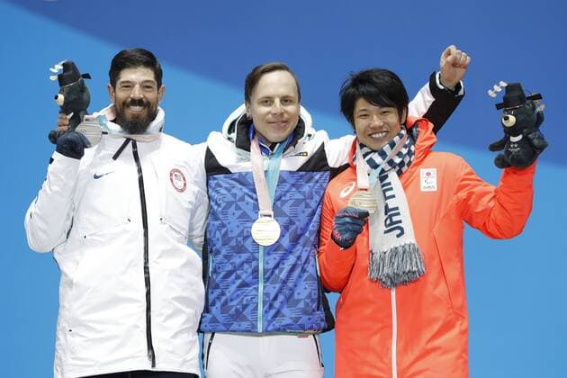 (L-R) Keith Gabel (USA), HamariMatti Suur (FIN), Gurimu Narita (JPN), MARCH 12, 2018 - Snowboarding : Men s Snowboard Cross Standing Medal Ceremony at PyeongChang Medals Plaza during the PyeongChang 2018 Paralympics Winter games Winterspiele Spiele Summer games in Pyeongchang, South Korea. NoxThirdxPartyxSales  (74028370)