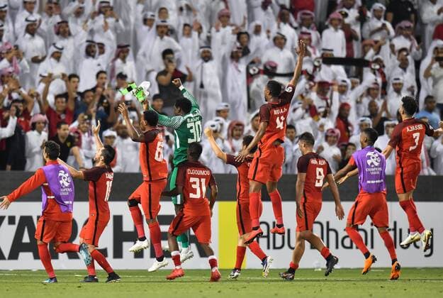(180313) -- DOHA, March 13, 2018 -- Al-Rayyan s players celebrate after winning the AFC Champions League Group D soccer match between Qatar s Al-Rayyan and Saudi Arabia s Al-Hilal FC at Jassim Bin Hamad Stadium in Doha, capital of Qatar, March 12, 2018. Qatar s Al-Rayyan won 2-1. ) (SP)QATAR-DOHA-SOCCER-AFC CHAMPIONS-GROUP D Nikku 