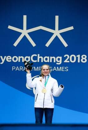 PYEONGCHANG, SOUTH KOREA - MARCH 13, 2018: First-placed neutral Paralympic athlete (NPA) from Russia Yekaterina Rumyantseva attends a ceremony to award the women s 10km standing biathlon race winners at the 2018 Winter Paralympic Games. Vladimir Smirnov TASS  TS077726