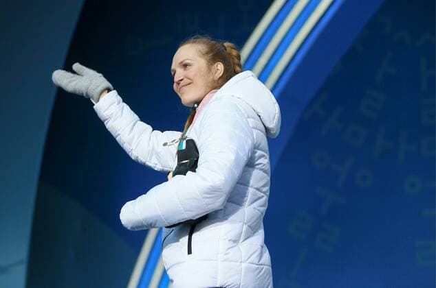 PYEONGCHANG, SOUTH KOREA - MARCH 13, 2018: First-placed neutral Paralympic athlete (NPA) from Russia Yekaterina Rumyantseva attends a ceremony to award the women s 10km standing biathlon race winners at the 2018 Winter Paralympic Games. Vladimir Smirnov TASS  TS077735