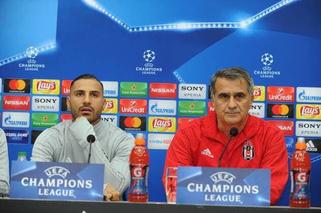 Besiktas s Football Team Coach Senol Gunes and player Ricardo Quaresma gives a press conference PK Pressekonferenz on the eve of the team s a day before their UEFA Champions League second leg match against Bayern Munchen on March 13 , 2018 in Istanbul , Turkey. 