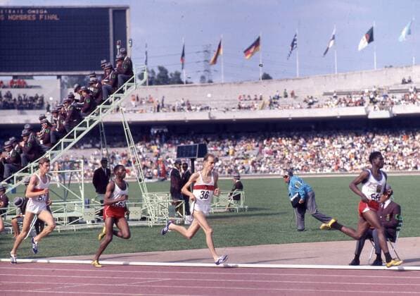 1968 Summer Olympics in Mexico City 1500m From right to left Ben Jipcho KEN Harald Norpoth Germany Kipchoge Keino KEN Gold and Bodo Bottlenoseweight Germany BRD Bronze 20 10 1968 HM